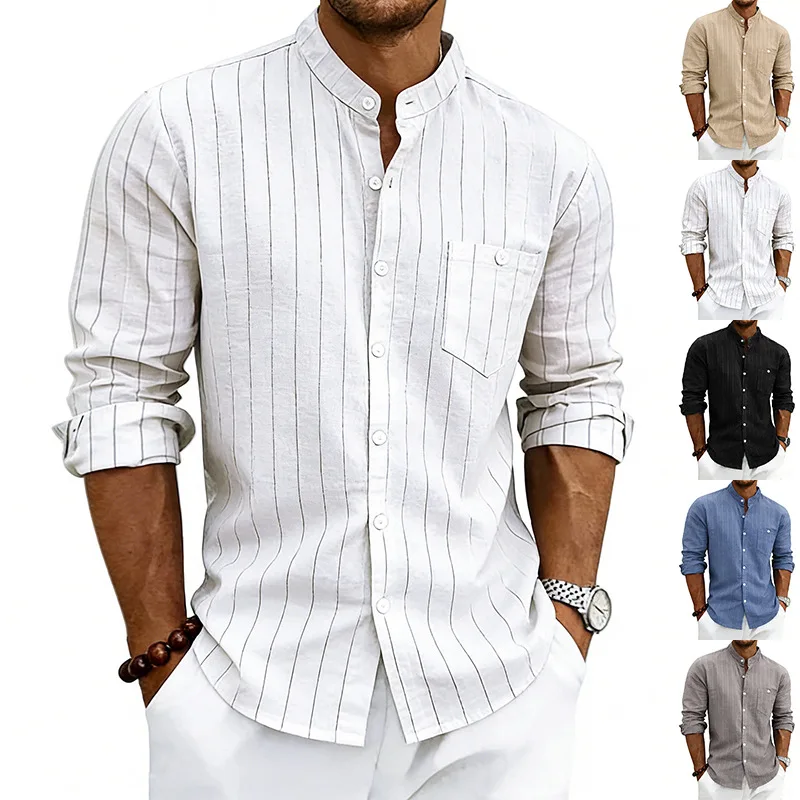 Men Striped Jacquard Linen Shirt Stand Collar Long Sleeve Pocket Design Loose Fashion Commuter Wear Spring Summer