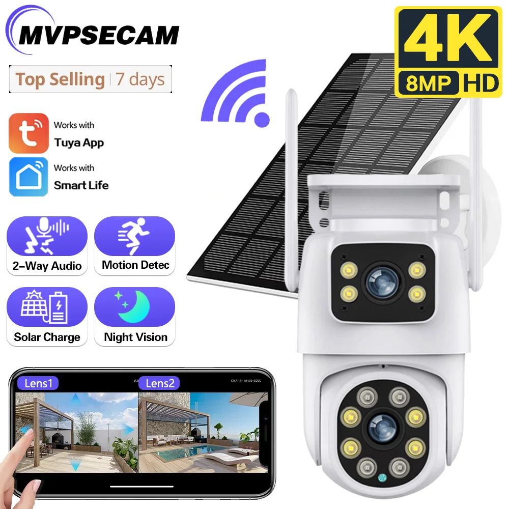 

4K 8MP Solar Powered Camera Tuya Smart Life Home Wireless Outdoor WIFI Solar Camera CCTV for Smart Home Farm Yard Field Monitor