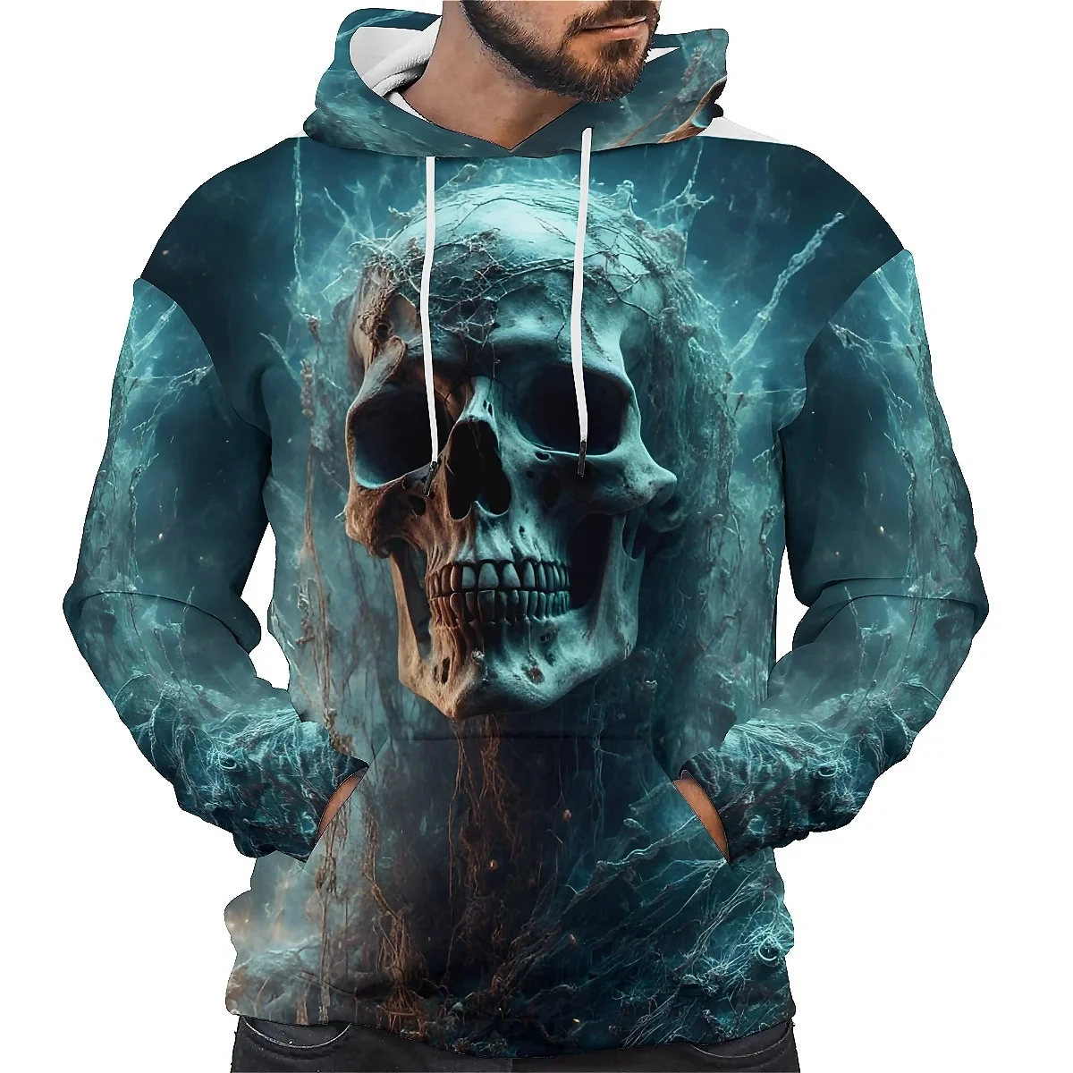 

SONSPEE Unisex hoodie with 3D printed frightening skull design and long sleeves. Perfect for a standout autumn look.