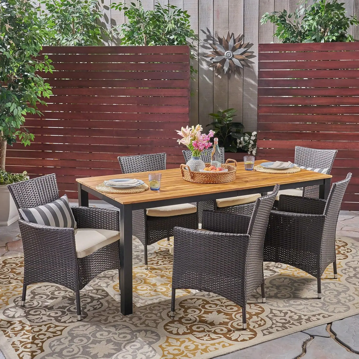 

Dane Outdoor 7 Piece Acacia Wood Dining Set with Wicker Chairs, 23.25 "W x 24 "D x 33 "H