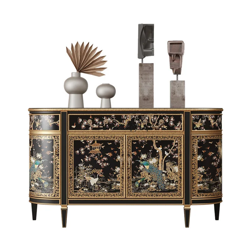 

French Chinese style painted entrance cabinet entrance hall decoration hand-painted solid wood dining side cabinet