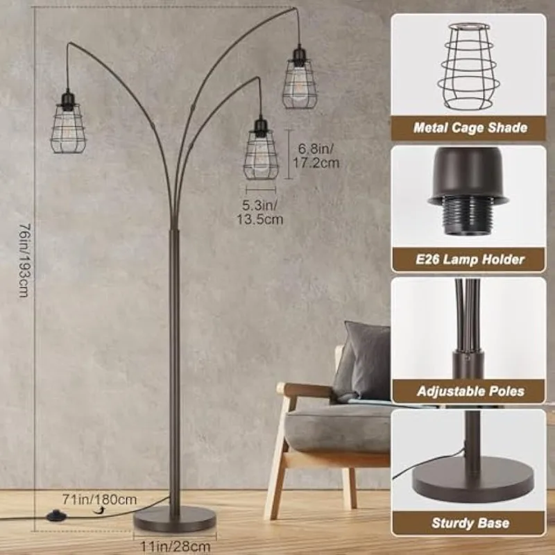 3 Light Arc Floor Lamps  with Metal Cage Shades & Foot Switch, Vintage Floor Lamp for Bedroom, Office, Corner, Bronze