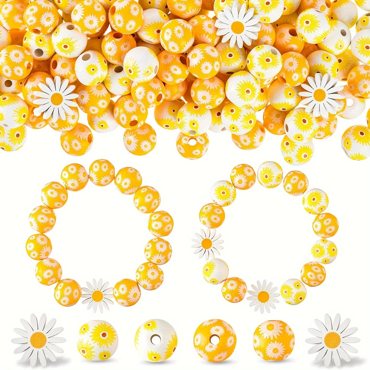 22 Stück Holzperlen mit Sonnenblumen und Gänseblümchen, runde Gänseblümchen, handgefertigte lose Perlen, Gänseblümchenperlen für die DIY-Herstellung von Blumen-Holzperlen