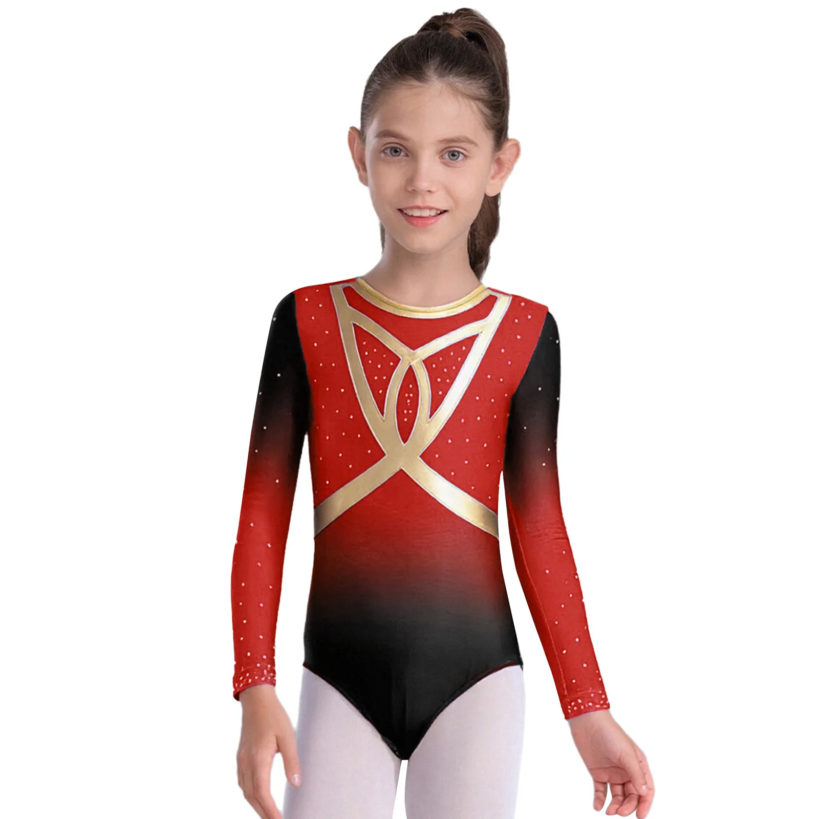 

Kids Girls Gymnastics Leotard Figure Skating Dance Performance Costume Gradient Round Neck Long Sleeve Shiny Rhinestone Bodysuit