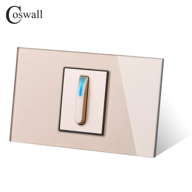 Coswall US With LED 4/3/2/1 Gang 2 Way Piano Key Design On/Off Wall Light Switch Data CAT6 HDMI USB Charging Glass Gold