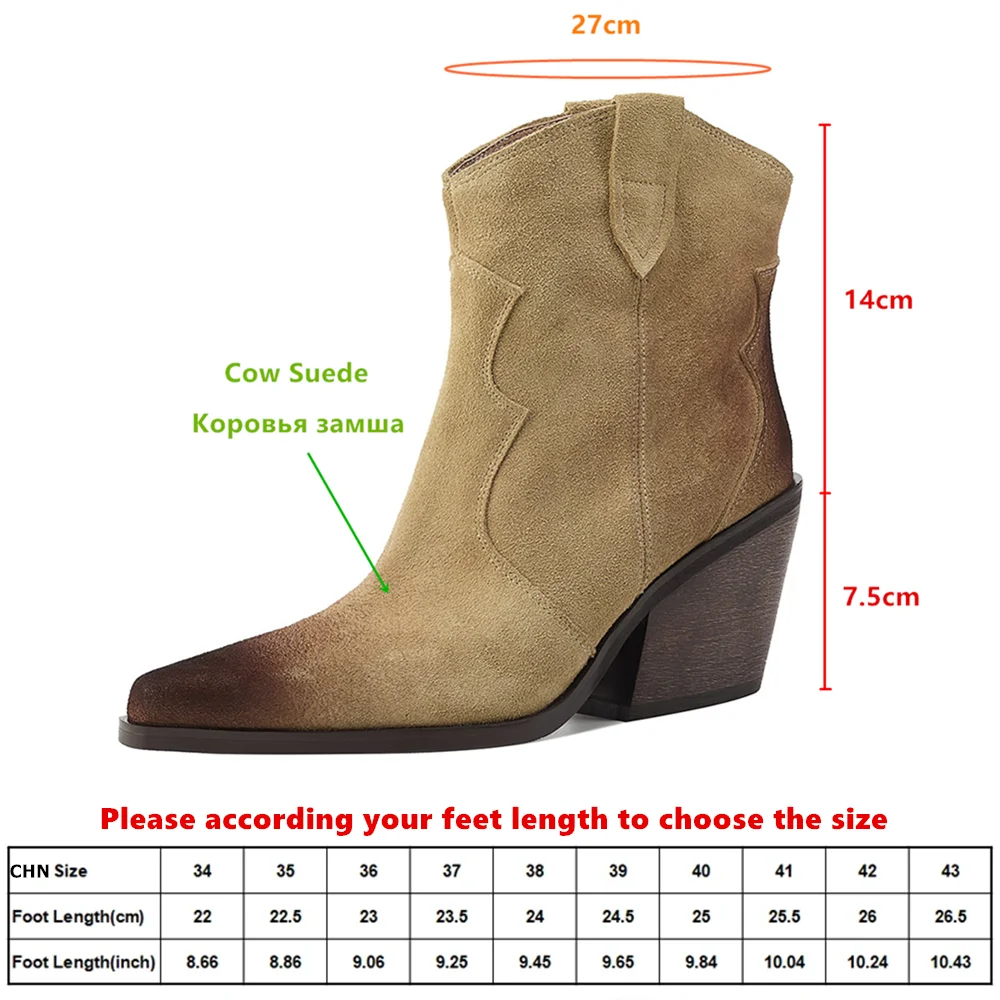 Aucegi 2027 Spring Autumn Trend Cow Suede Women Western Ankle Boots Pointed Toe Thick High Heels Dress Manual Made Casual Shoes