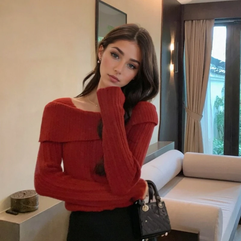 

Новый рождественский красный однотонный вязаный пуловер с квадратным воротником, модная осенне-зимняя тонкая женская одежда для молодых женщин