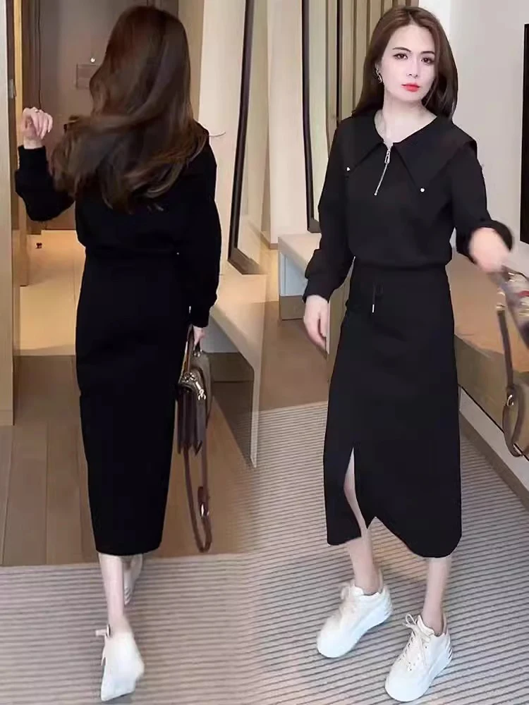 

Fashionable Versatile Women's High Waist Split Midi Skirt Set Autumn New Loose Fit Two Piece Suit Elegant Business Casual
