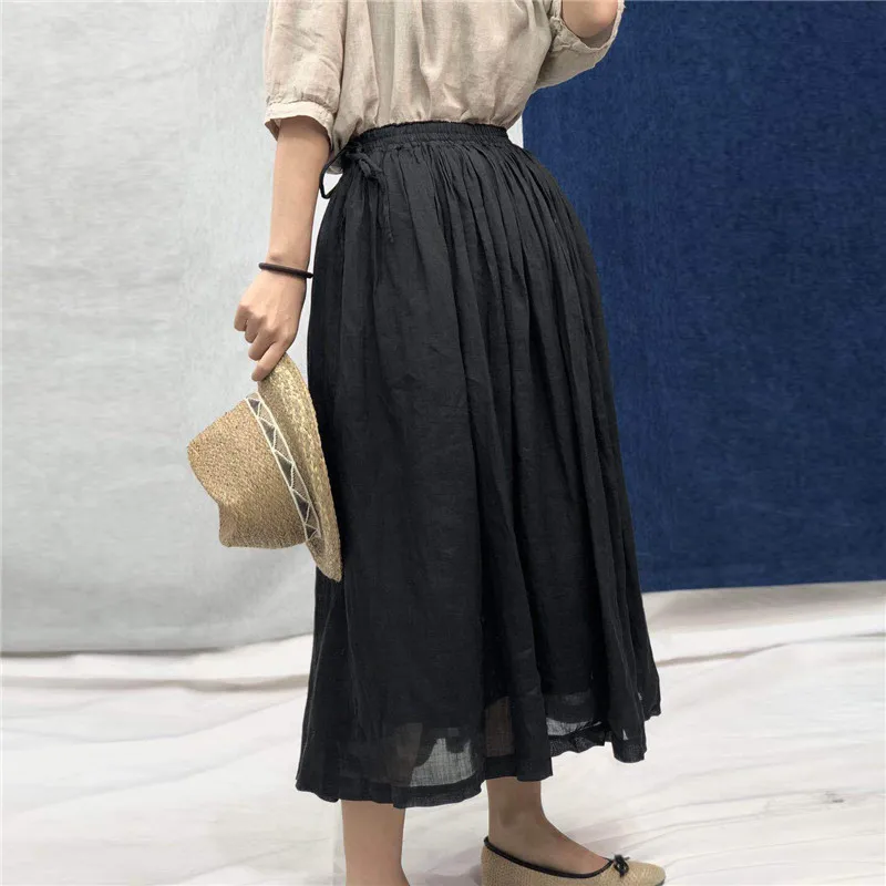 Johnature 2023 New Vintage  Solid Color Linen Women Skirts Summer Japanese Elastic Waist Tie Loose 3 Colors  Skirts