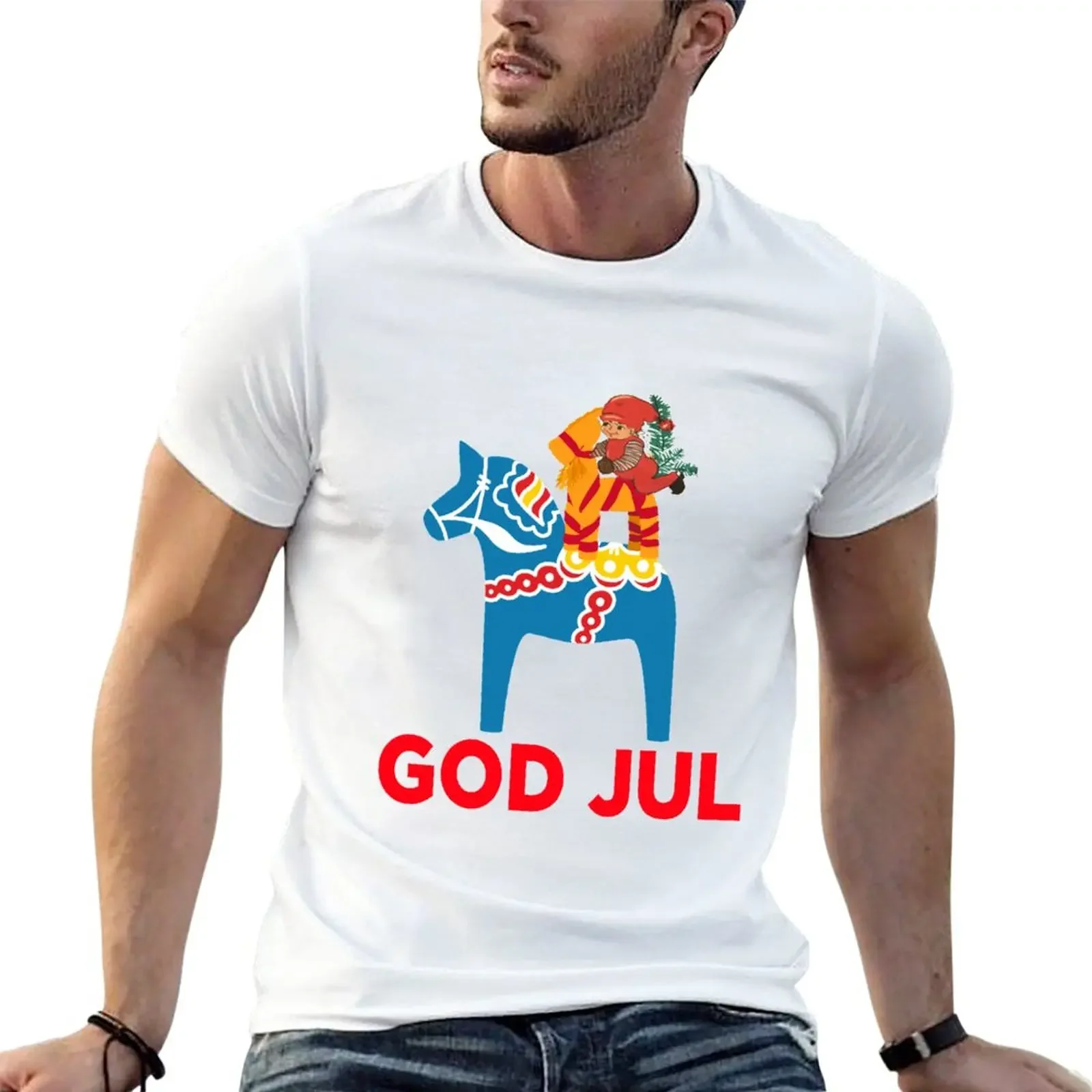 God Jul Merry Christmas Dala Horse Tomte Julbock Straw Goat T-Shirt tops oversized sublime men graphic t shirts