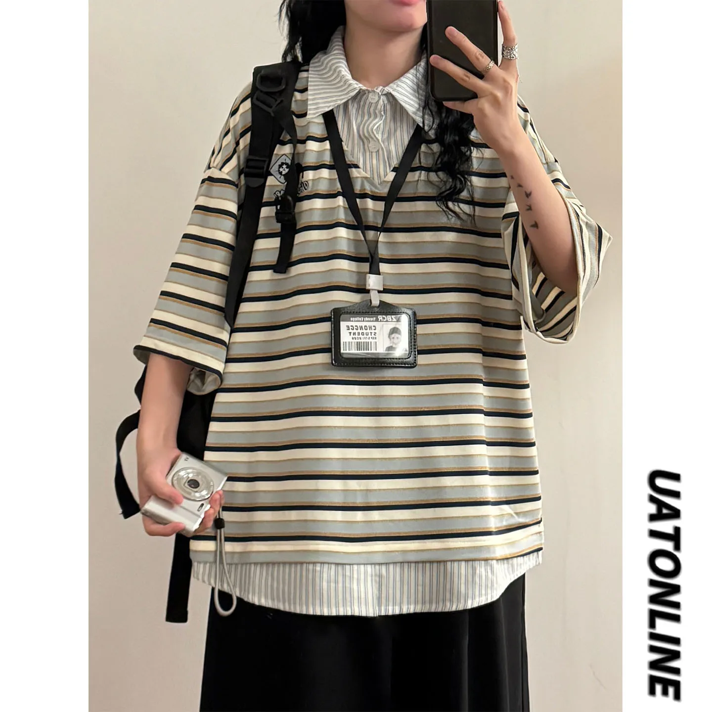 

UATONLINE2026 Summer American Retro Embroidery Striped Preppy Style Women's Shirt Street Style Loose Fit Breathable