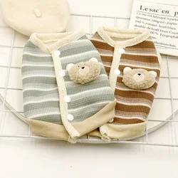 Pet Striped Plush Teddy Bear Brooch Jacket Autumn and Winter Cat Clothes Cat Home Pajamas Puppy Clothes for Small Dogs