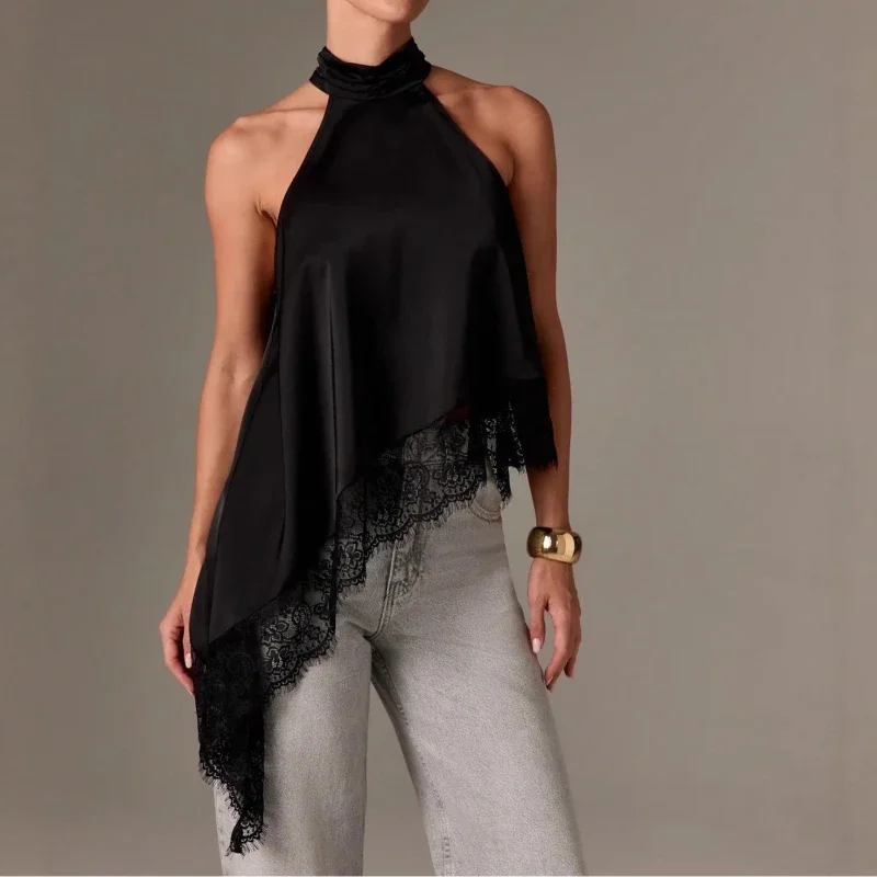 

2026 New Women's Sleeveless Lace Trim Splicing Asymmetrical Neck Satin Vest