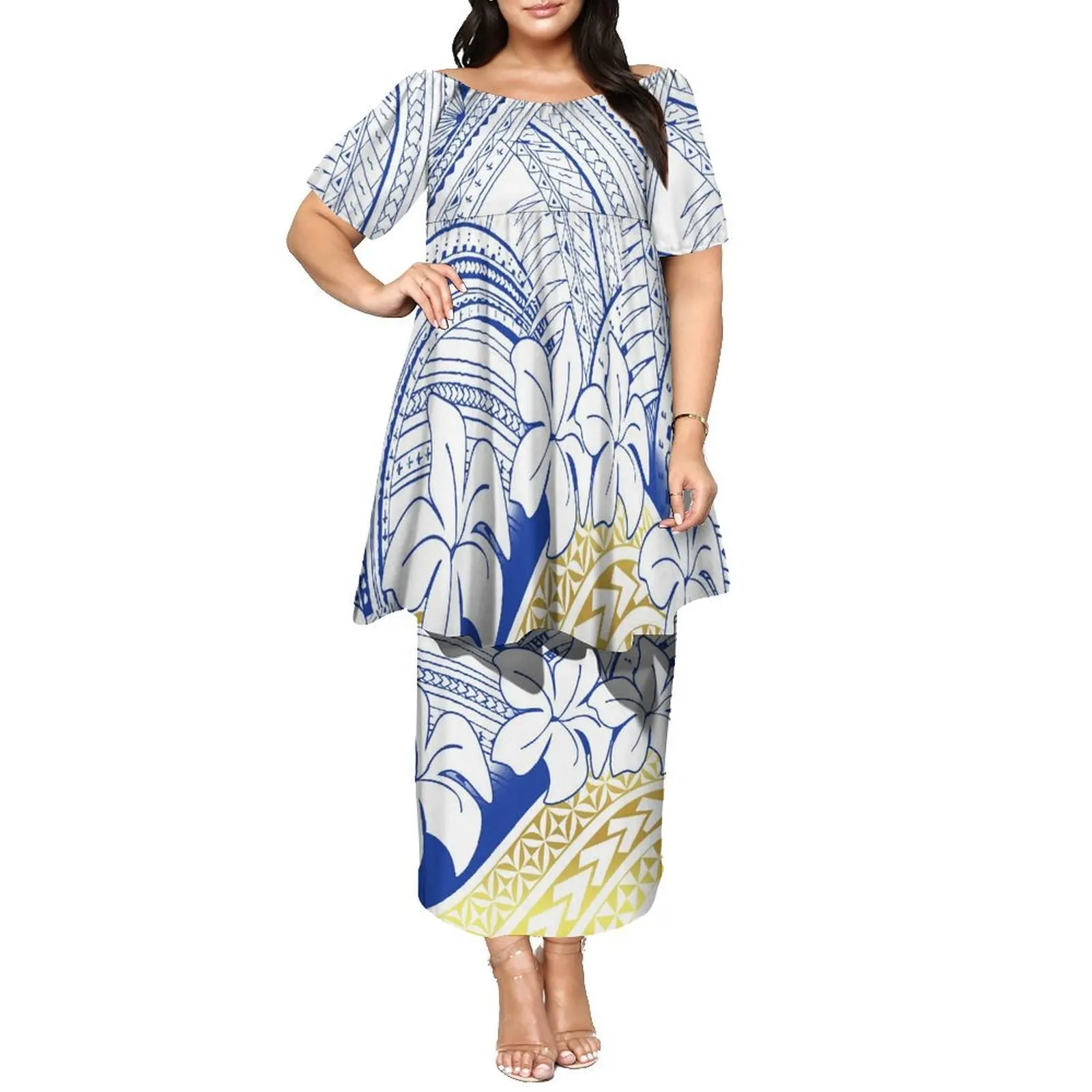 Vestido feminino de camada dupla Puletasi de verão sem impostos com mangas borboleta, gola redonda e manga média, vestido personalizado polinésio