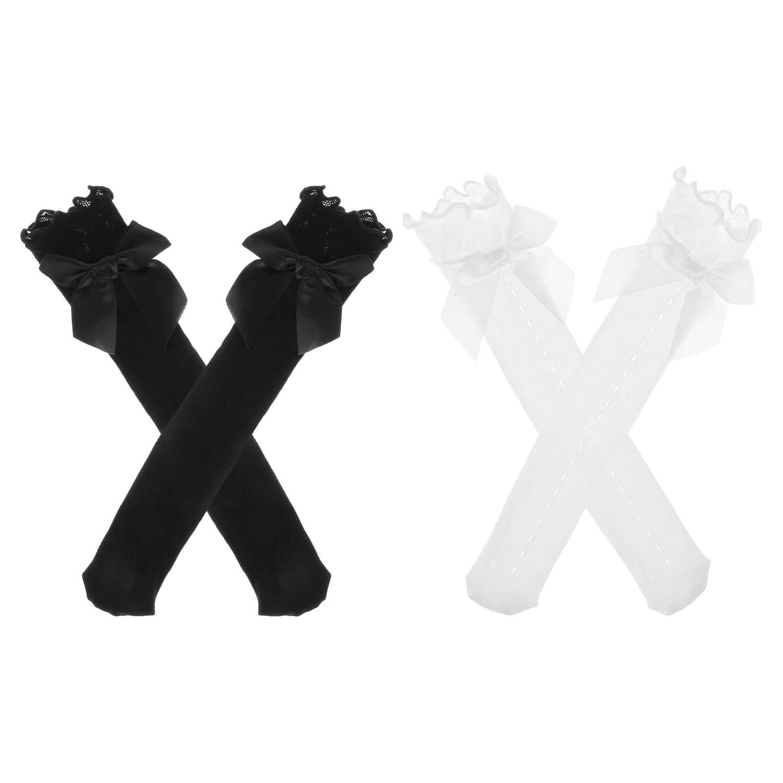 

4 Pairs Girls Knee High Socks Lace Mesh Vertical Stripes Bow Decor Kids Stockings Over Calf Thin Section Nylon Sturdy Exquisite