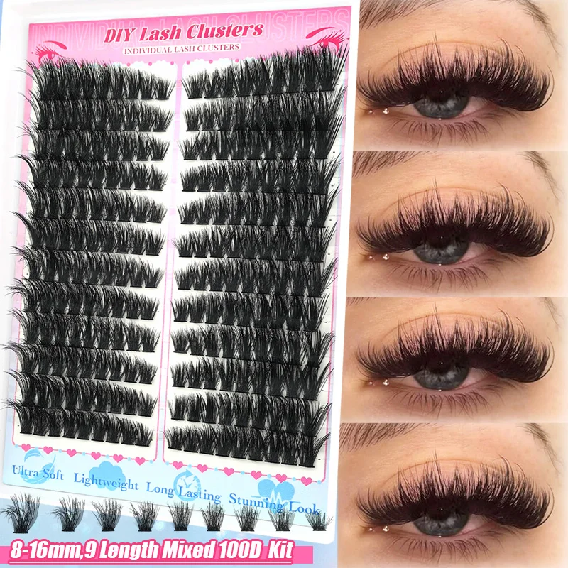 Individual Eyelash Extensions in C D Curl Clusters, Long and Extra Thick, Voluminous Style for DIY eyelash Extension