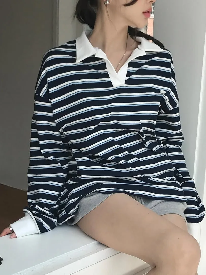 ゆったりとした長袖Tシャツ レディース 韓国風 おしゃれ 襟付き ベースレイヤー トップス ストライプ ボトムシャツ ゆったりスタイル