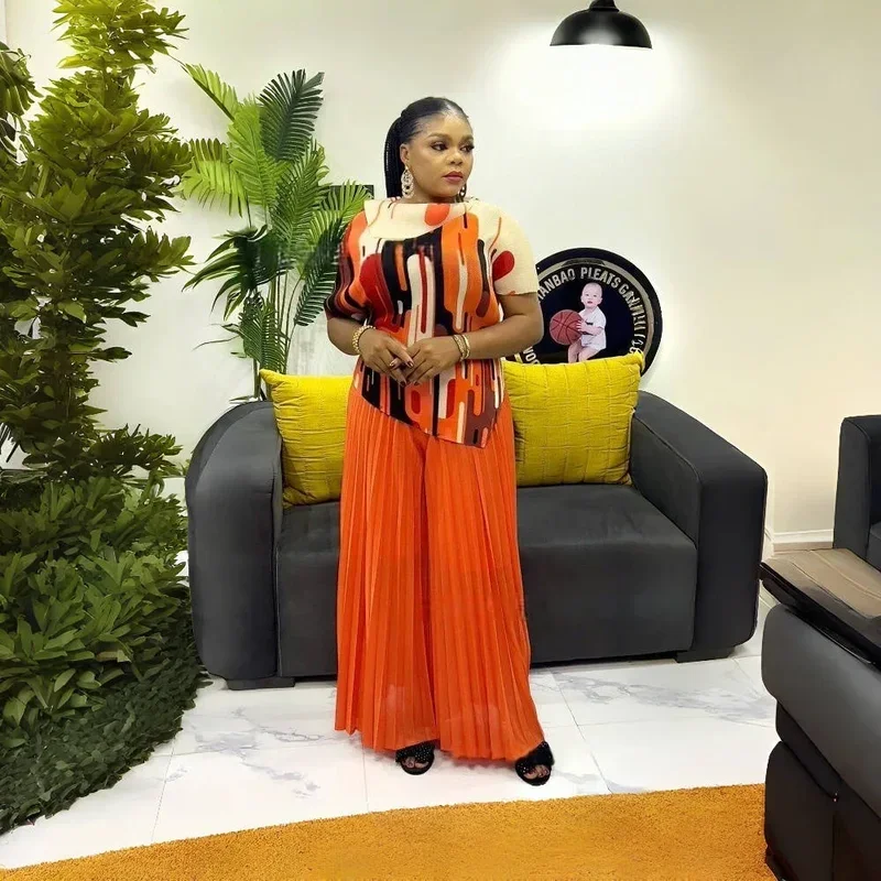 

2025 fashion printed miyke pleated 2 piece set women contrast color tops wide leg trousers elegant new clothing