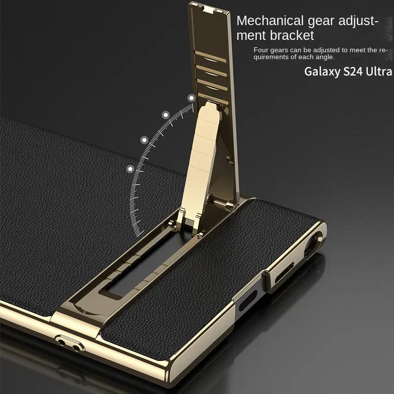 Funda de teléfono S24 Ultra con soporte de cuero liso galvanizado para Samsung Galaxy S24 Ultra preservación cubierta a prueba de golpes (sin bolígrafo)