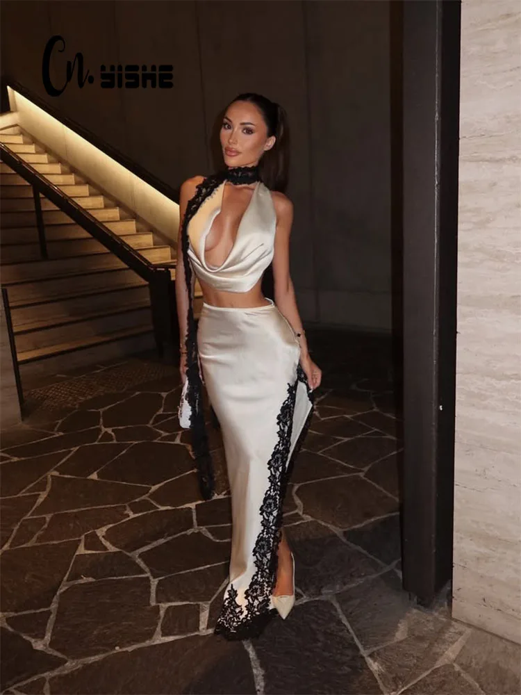 

CNYISHE Lace Patchwork Swinging Collar Split Scarf Women Sets Fashion Sexy Club Skinny Elegant Female Suits 2-Pieces Party