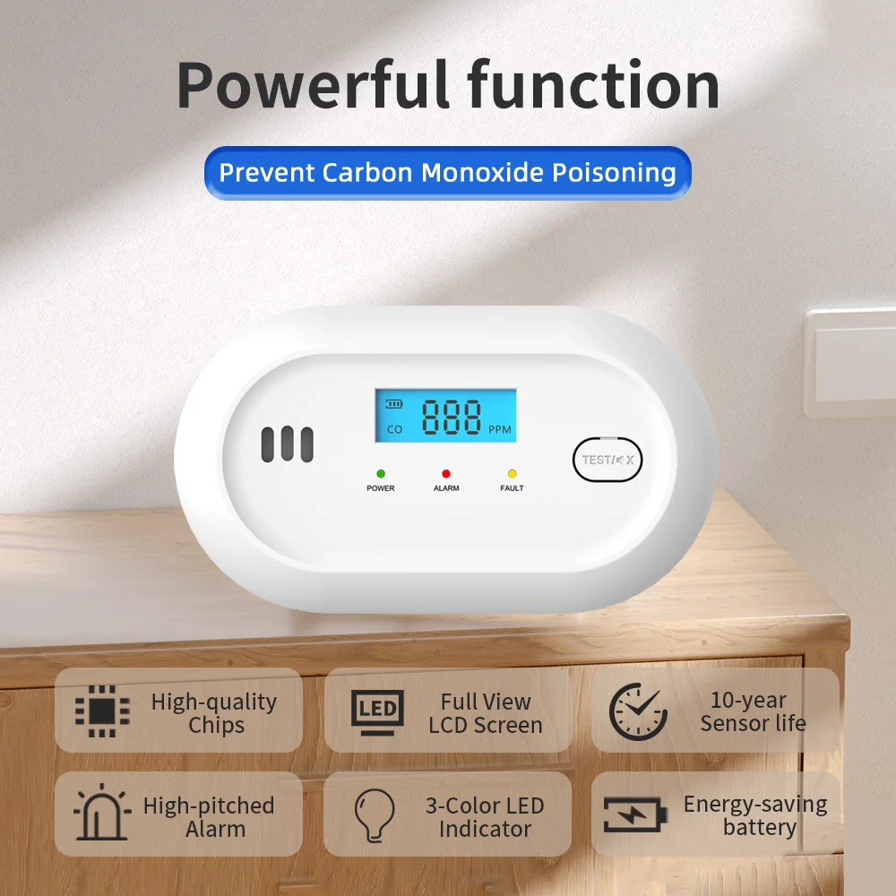 مستشعر إنذار ثاني أكسيد الكربون المستقل كاشف إنذار أول أكسيد الكربون 85dB تحذير عالي الحساسية شاشة LCD كهروضوئية للفندق المنزلي