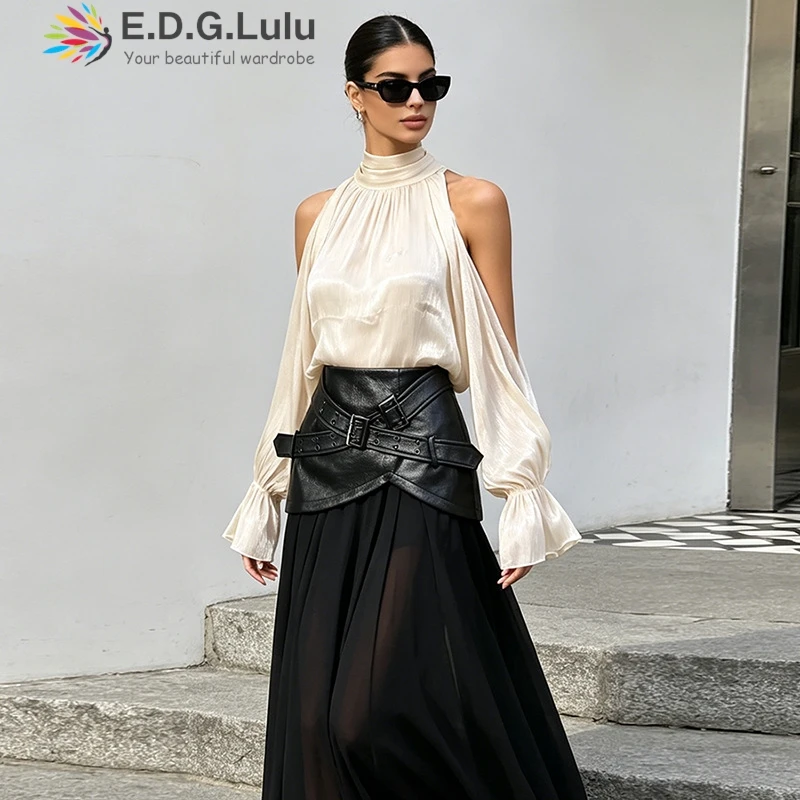 

EDGLuLu Design Sexy Off Shoulder Flared Sleeves Blouse Versatile For Casual Streets Lace-Up Stand Collar Top 2026 New 0729