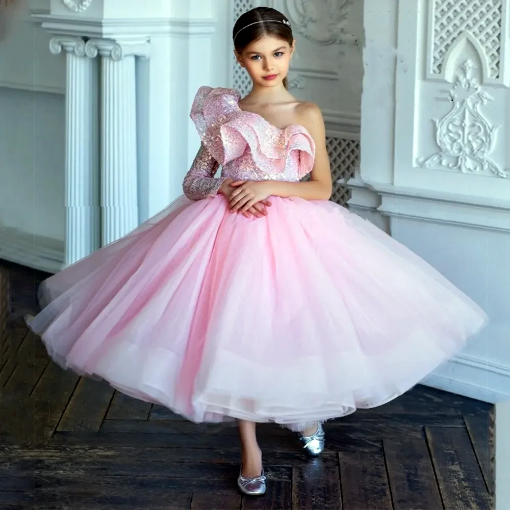 Pink Flower Girl Dress Puffy Sequined Tulle Princess Beauty Pageant Children Birthday GIFT Party Prom First Communion Gowns