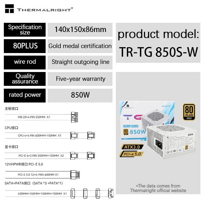 Thermalright TR-TG650S-W gold medal white power supply 650W/750W/850W straight out white flat wire ATX power supply.