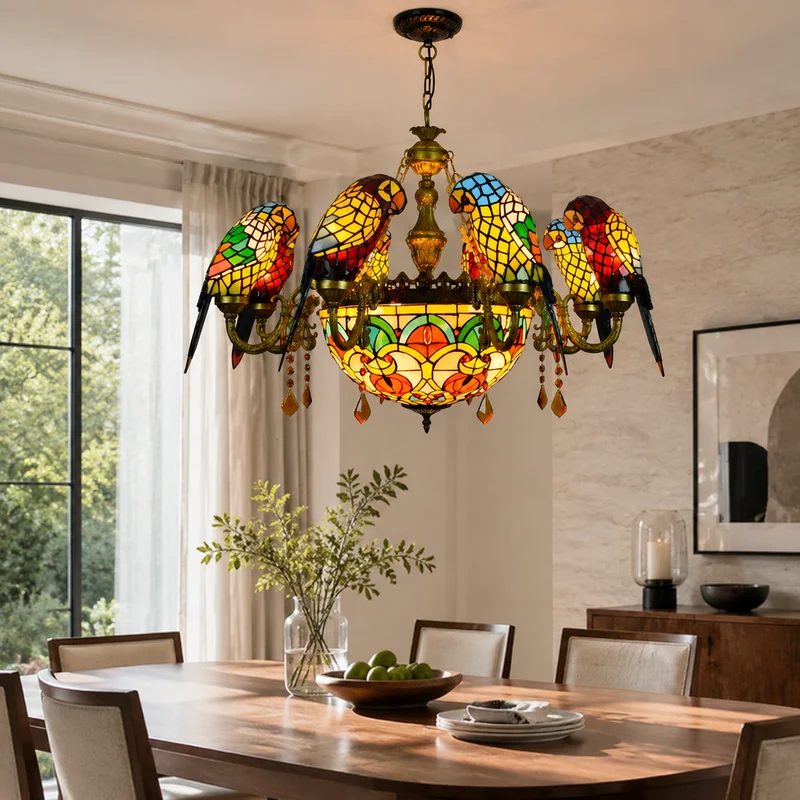 Tiffany Art Deco Stained Glass Parrot Bird Multi Arm Statement Centerpiece For Foyer Living Room Dining Room Hotel Chandelier