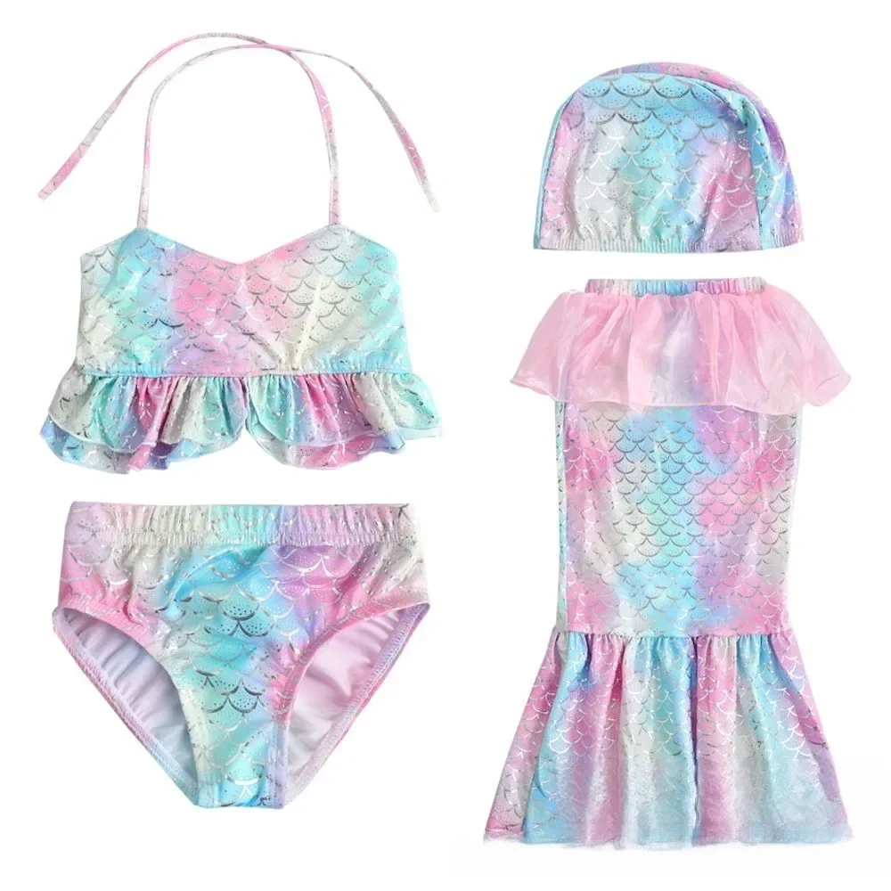 2024 Summer Girls Mermaid Bathing Suit Children Bikini Swimsuits Princess Four-piece Set 2-10Years Kids Beach Mermaid Costume