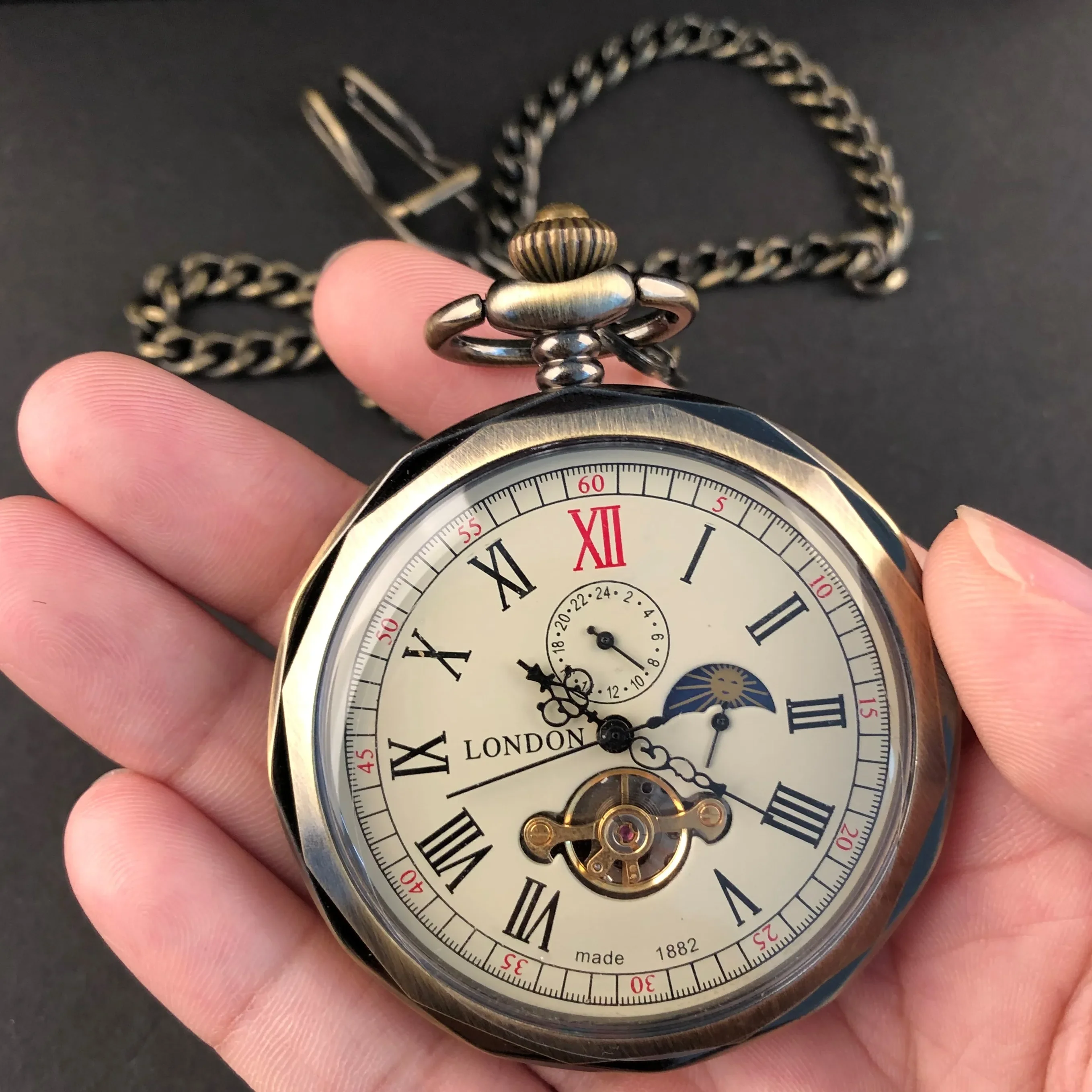 Luxe Vintage Mechanisch Zakhorloge Multifunctionele Maan Hand Wind Unisex Casual Ketting Fob Horloges