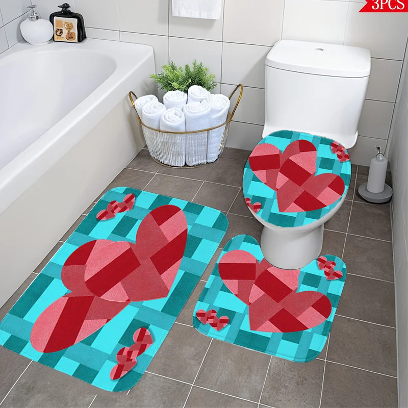 

3pcs Heart Patchwork Bath Mat Set Geometric Non-Slip Soft Flannel Rug Toilet Lid Cover U-Shaped Mat Festive Valentine Decor