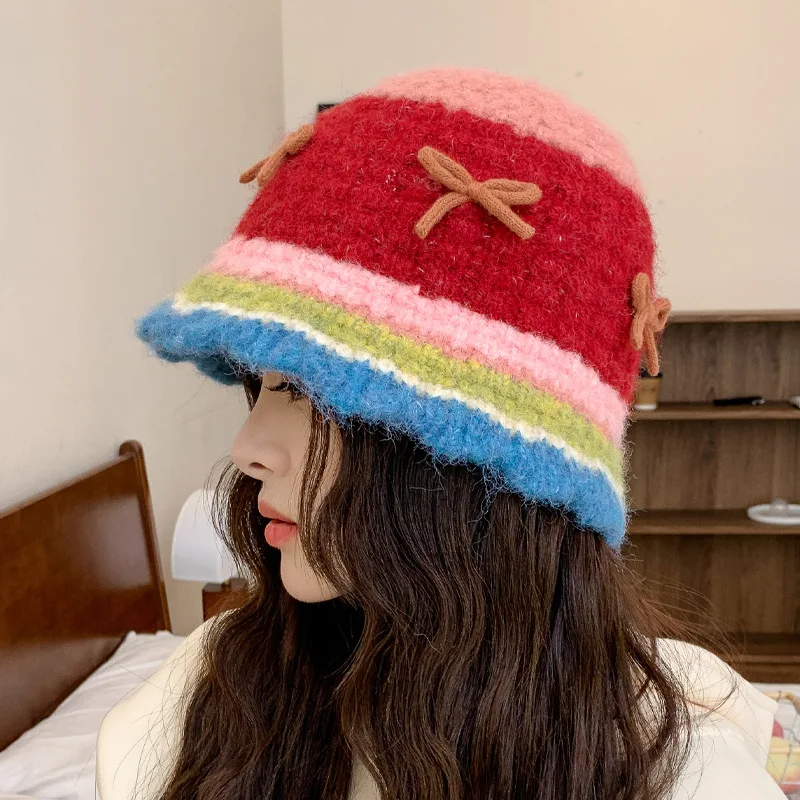 Bowknot striped Crochet Korean Handmade Bucket Hat Women Autumn Winter Weaving Knitted Cap Y2k Fashion Woolen Beanies Basin Caps