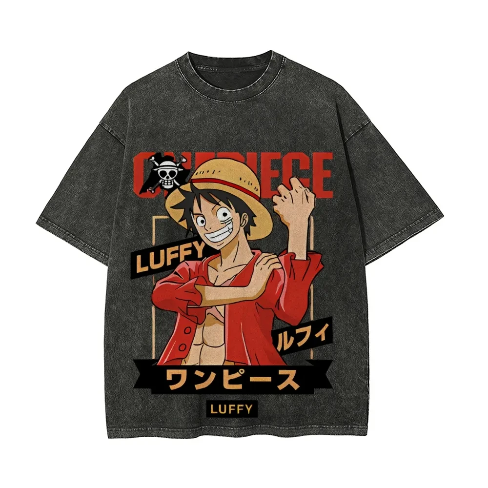 

Luffy Animation ONE PIECE Harajuku Retro Washed T-shirt Cotton Men's Hip-hop Streetwear Oversized Women's Short Sleeves Unisex