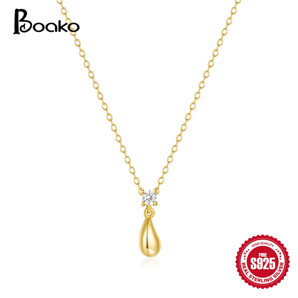 BOAKO S925 Sterling Silver Glossy Water Drop Pendant Necklaces For Women Men Minimalist Couple Necklace Fashion Birthday Gift