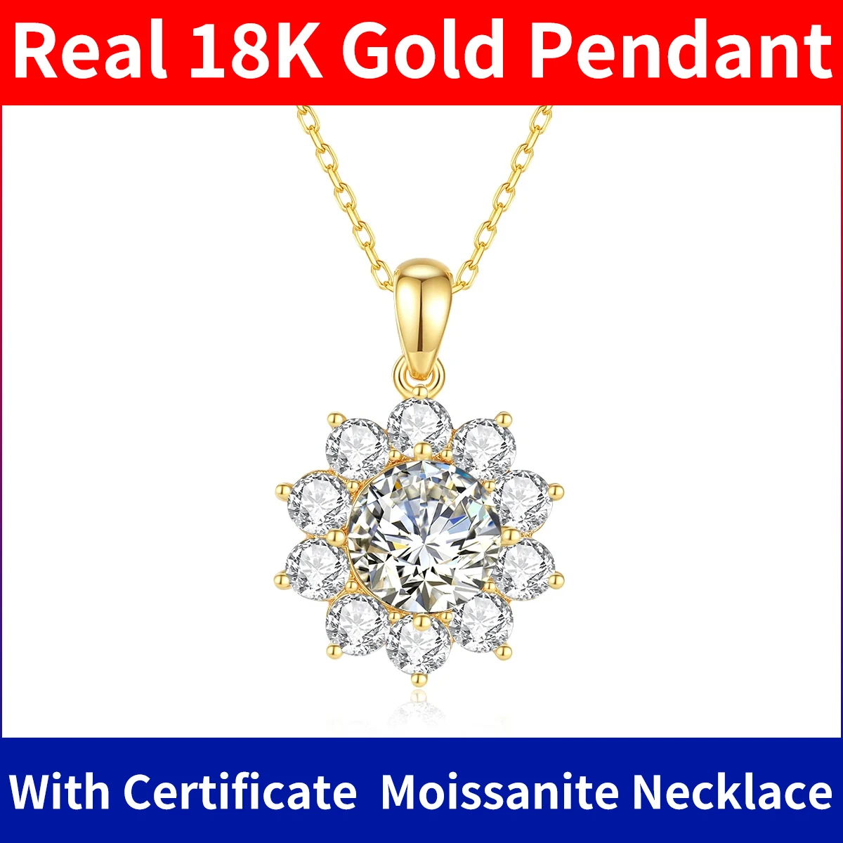 Szjinao 1ct Moissanite naszyjnik 18k złoto 100% z certyfikatem jakości biżuteria dla kobiet wisiorek kwiatowy prezent na rocznicę ślubu