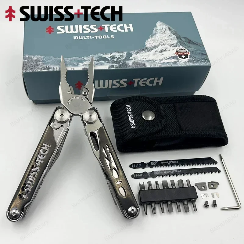 SWISS TECH 37 In 1 Multi Tool Pliers Folding Multi-functional Tools Scissors Replaceable Saw Blade EDC Outdoor Camping Equipment