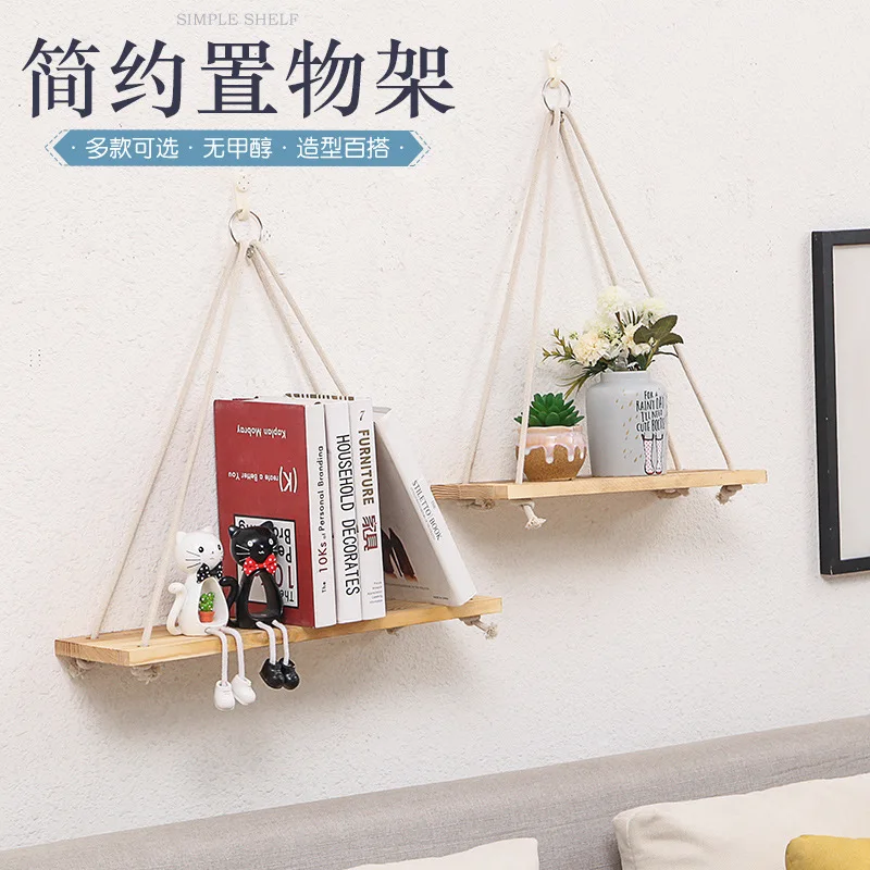 

Wooden Rope Swing Wall Hanging Plant Flower Pot Tray Mounted Floating Wall Shelves Nordic Home Decoration Mored Simple Design