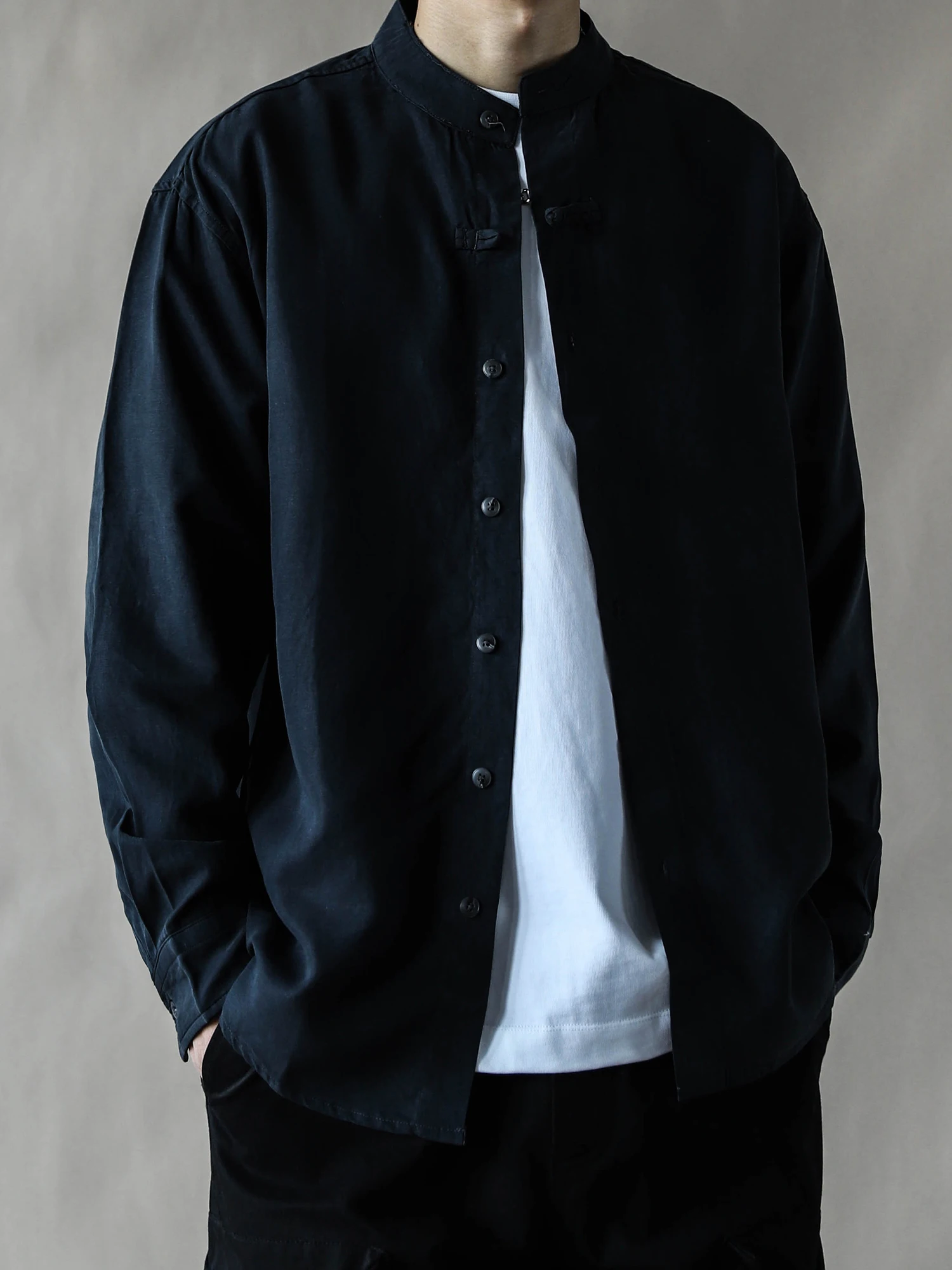 

Loose Fit Casual Long Sve Cotton irt Men's Stand Collar Blue Workwear Spring Autumn Sle Button up Single Color irt