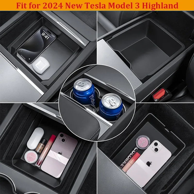 Per Tesla Model 3 Highland 2024 Center Console Storage Box Set bracciolo vassoio nascosto Organizer Cup tappetino di ricarica Wireless pattumiera