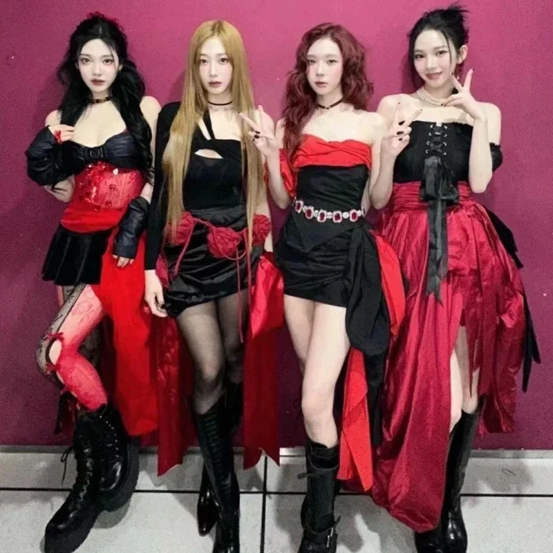 

Kpop Korean Singer Jazz Dance Sexy Off-Shoulder Shirt Crop Tops Irregular Lace-up Long Skirts Stage Costume Y2K Concert Outfits