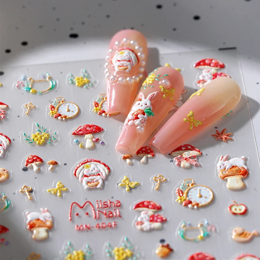 Bird Clock Key Apple Rabbit Bunny Rainbow Maple Leaves Pinecone Mushroom Flower Bowknot Adhesive Nail Art Sticker Manicure Decal