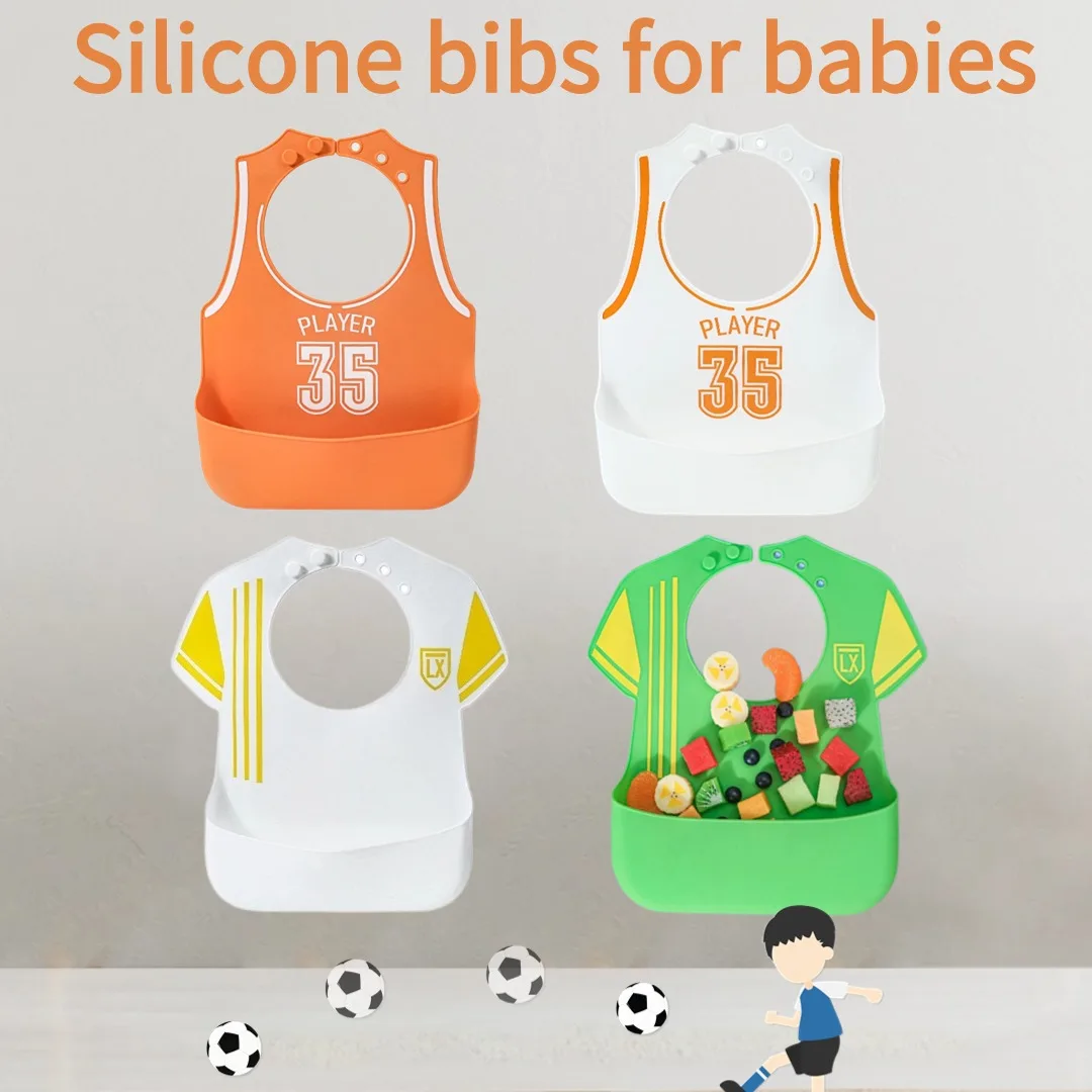 baby silicone bib, baby bib, waterproof, oil-proof, soft, 3-speed adjustment, football uniform, basketball uniform design