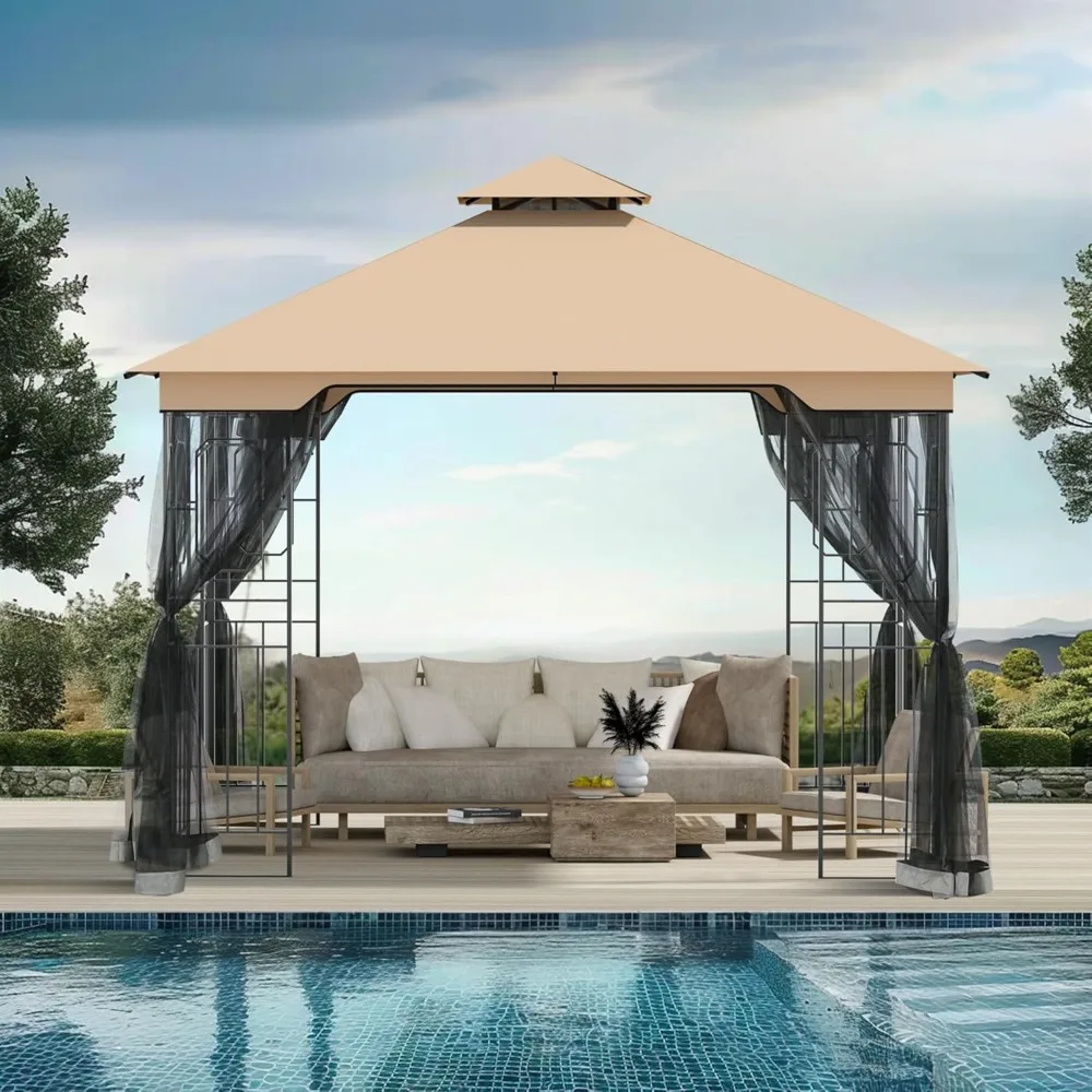 

Patio Gazebo 11'x11' with Netting, Outdoor Gazebo with Stable Frame, Canopy Tent with Double Roofs and Ceiling Hooks, Pop Up Can