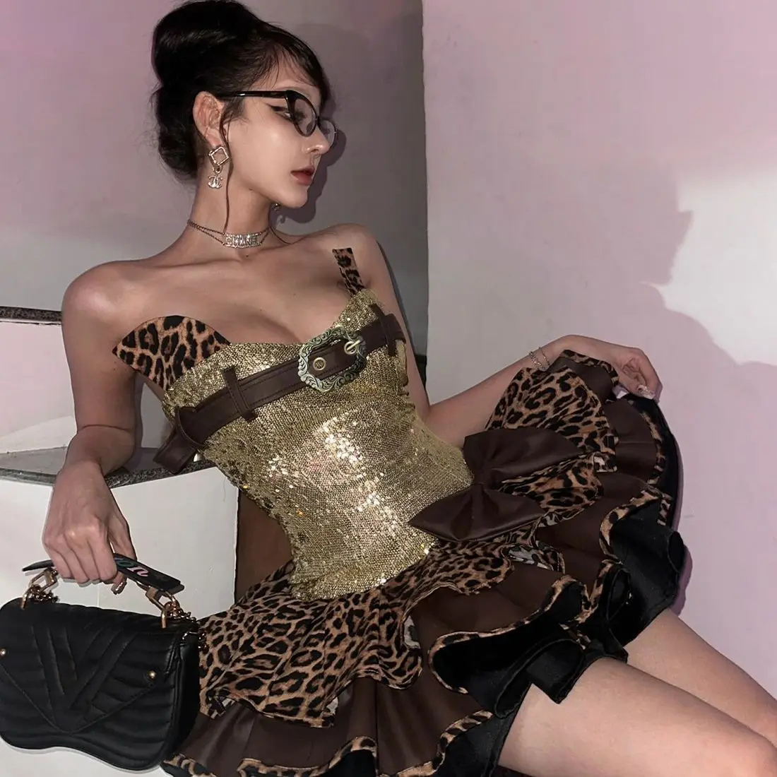 Spice Girls Party Abito sexy con paillettes leopardate Pantaloncini Gonna gonfia Abito femminile