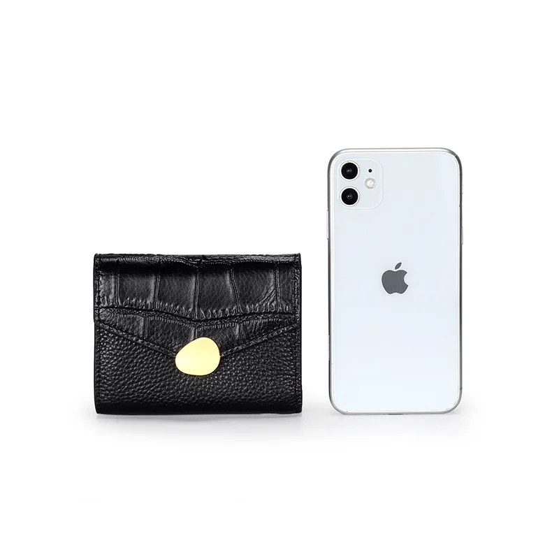 Coin purse 100% Genuine Cow Leather Tri-fold Wallet Ladies Elegant Irregular Metal Button Short Purse For Women card holder