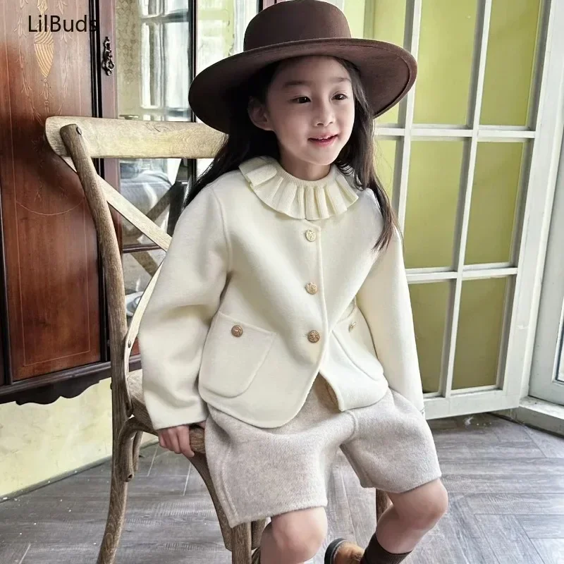 

2024 Vintage Children's Coat 100% Wool Double-Sided Fleece Handmade Girl's Coat White Top + Herringbone Shorts Outdoor Clothes