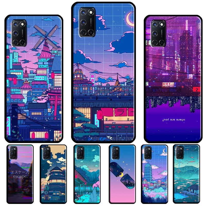 Vaporwave Village Aesthetic Case For OPPO A74 A94 A54 A53 A57 S A5 A9 A15 A52 A72 A17 A77 A78 A91 A93 A16 A76 A96 Coque