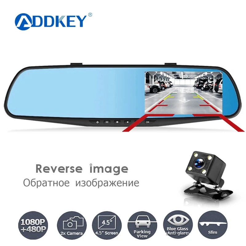 ADDKEY 1080P Car Dvr Camera Auto 4.5 Inch Rearview Mirror FHD Dual Lens 24H Driving Dash Cam Registrar Camcorder Video Recorder