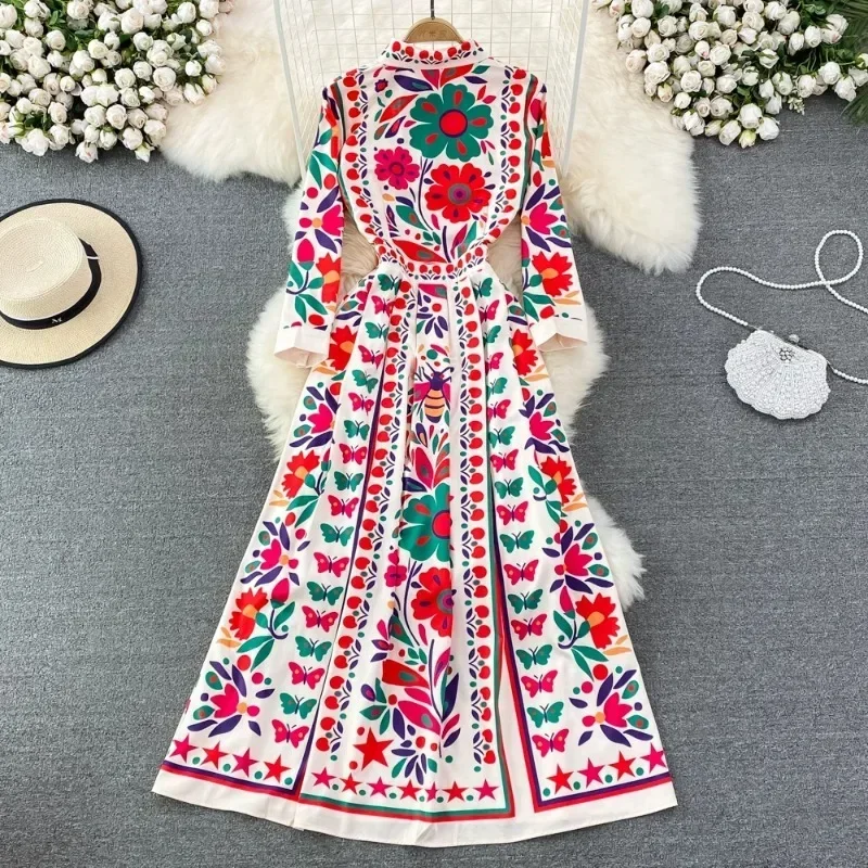 Bohemian Court Style Streetwear Robe Femme Turn Down Collar Contrast Color Chic Buttons Vestido Flower Print Slim Party Dresses